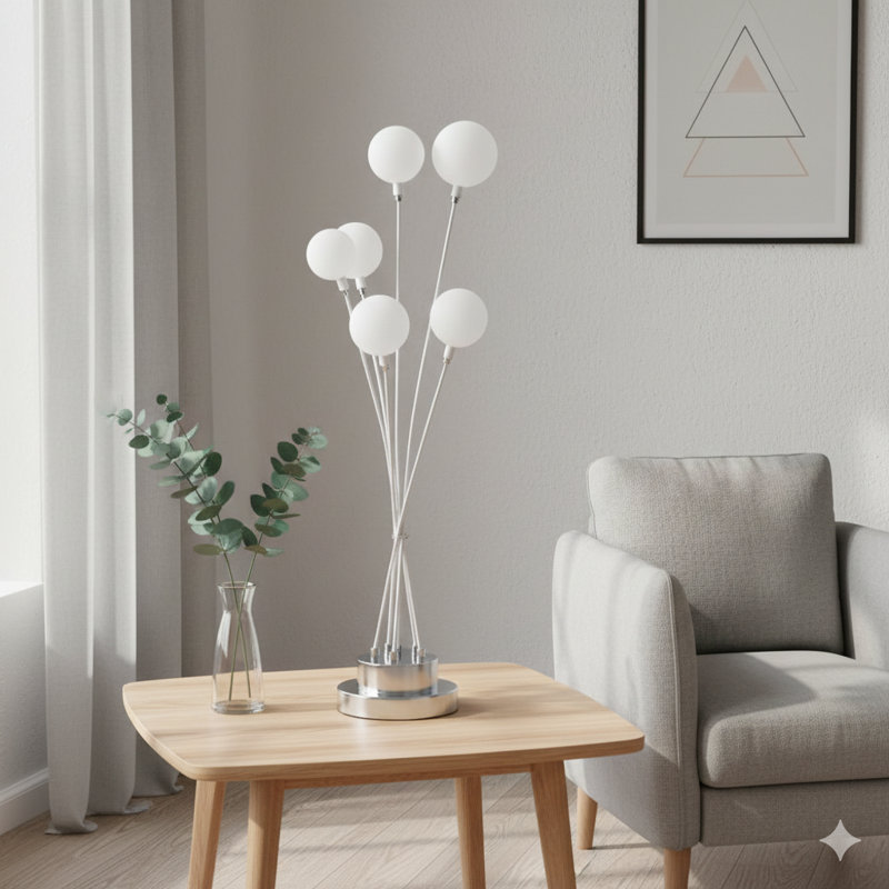 Lampe de table sphérique en métal chromé argenté à 6 lumières 27,5 po Aluminun, Argent argent