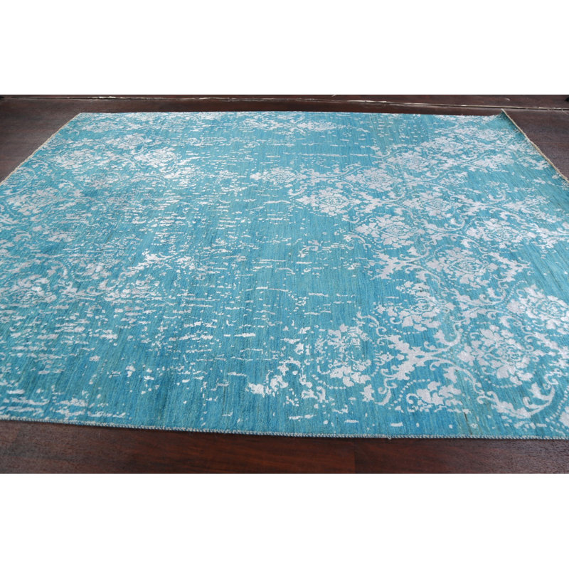 Tapis bleu noué à la main de conception unique 8 pi x 10 pi 6 po New Age