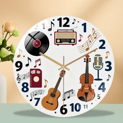 12-Inch Silent Tempered Glass Wall Clock, " Music Notes Clock ” Silent Non-Ticking Clock, Battery Operated (AA Batteries Not Included), Artistic Home Decor