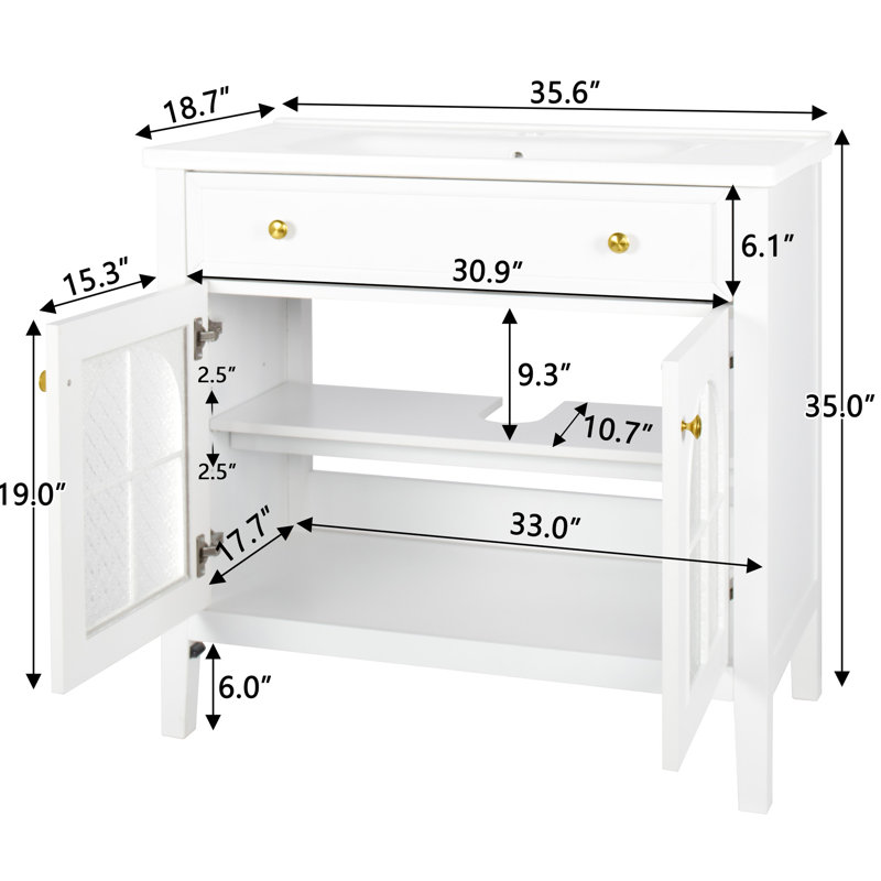 Meuble-lavabo autoportant blanc de 36 pouces avec poignées en métal, éclairage activé par le mouvement et ampleur d'espace de rangement, bande de capteur d'évier Mid-Century, tiroir rabattable, facile à nettoyer