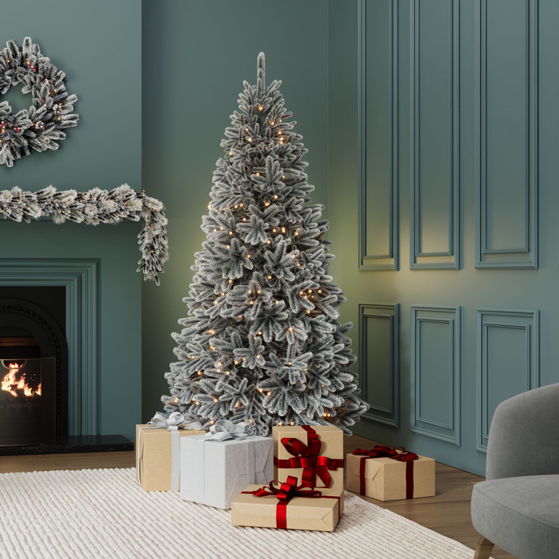 Luxury Pre-lit Faux Hinged Snowy Christmas Tree, 6 ft