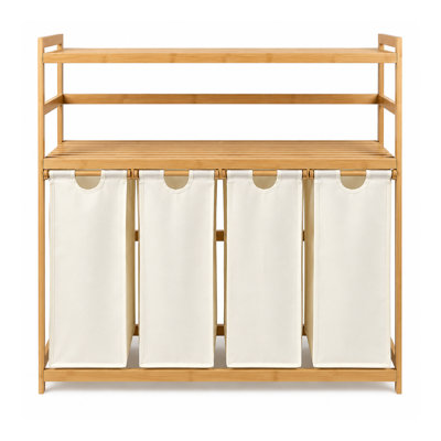 Panier à linge et tablette de rangement en bambou avec panier à linge à 3 compartiments