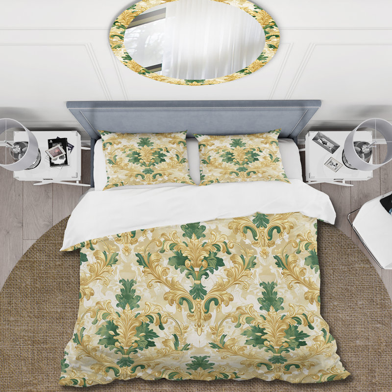 Green Gold Damask And Baroque Pattern I - Damask Duvet Cover Set, King Duvet Cover + 2 King Pillow Shams