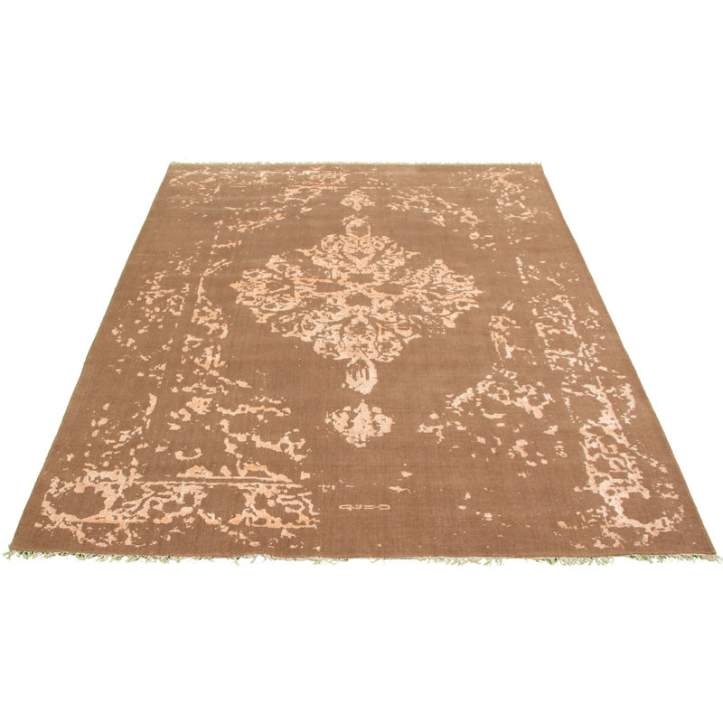 Tapis décoratif de noué à la main en laine brun oriental, Rectangle de 6 pi 5 po x 9 pi 2 po