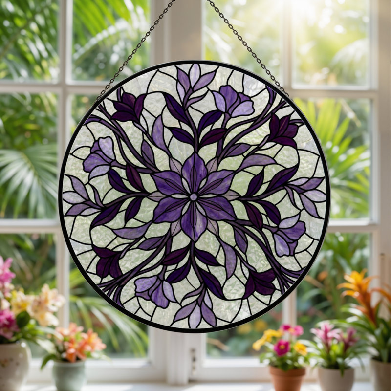 Panneau de vitrail floral mauve 12 "H 12", 12" H x 12" W