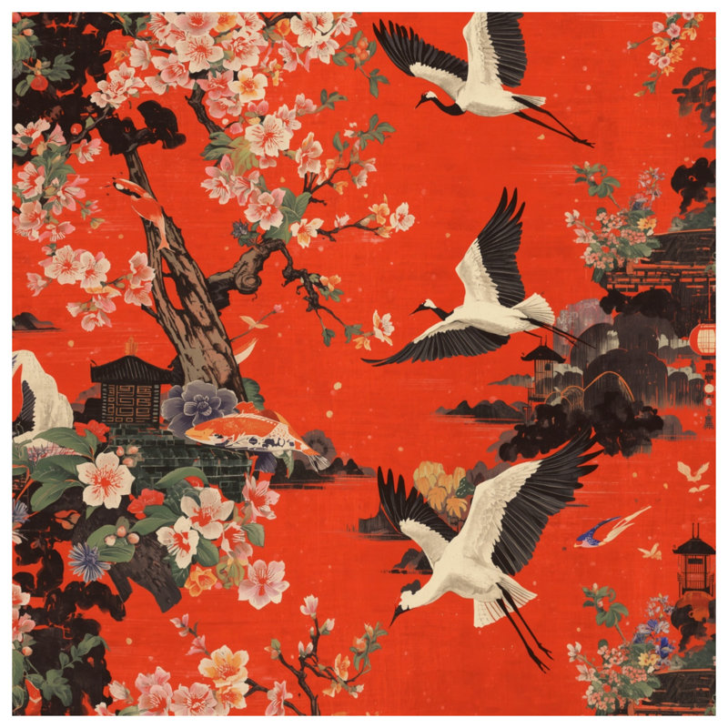 Housses de couette Cranes Cherry Blossoms, King