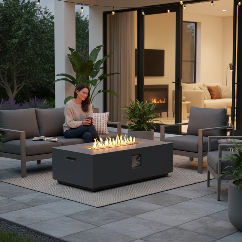 48-Inch Rectangular Concrete Propane/Natural Gas Fire Pit Table With 50000 Output, Push-Button Ignition, Adjustable Flame, Lava Rocks, And Cover Fiber Table, , Push - Button Weather
