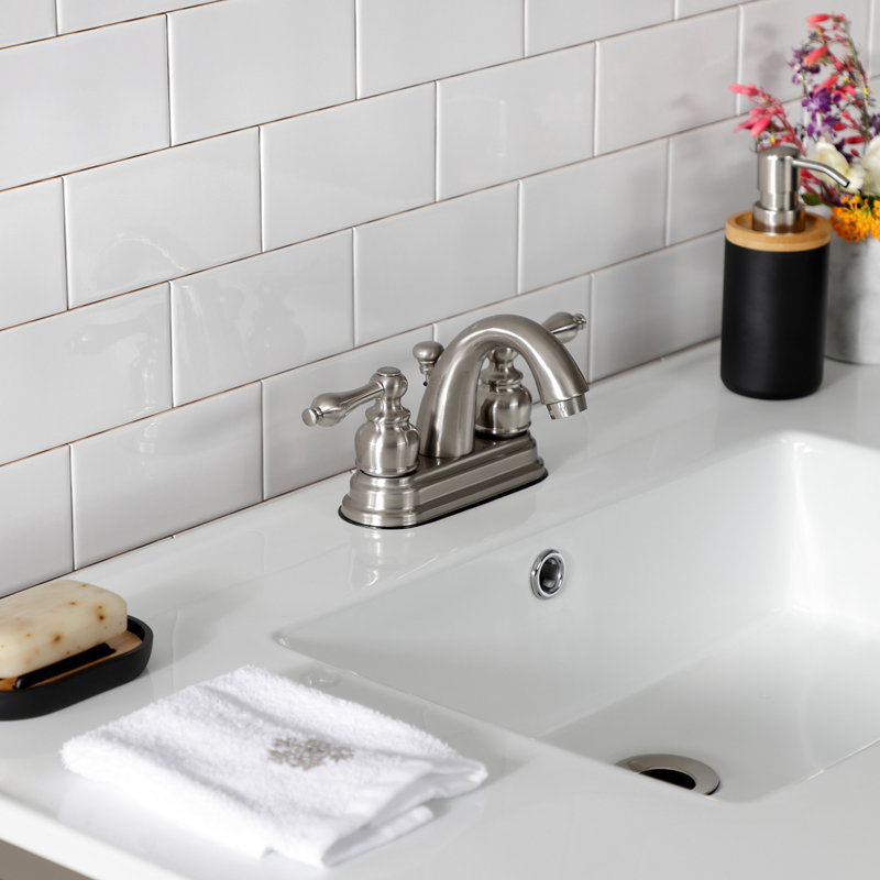Kingston Brass Quadras 37-Inch Ceramic Console Sink with Steel Base and Shelf (4-Inch, 3-Hole), White/Brushed Nickel
