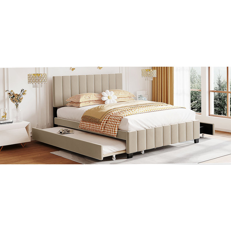 Grand lit plateforme tapissier en velours avec 2 tiroirs et 1 lit gigogne simple TG - beige