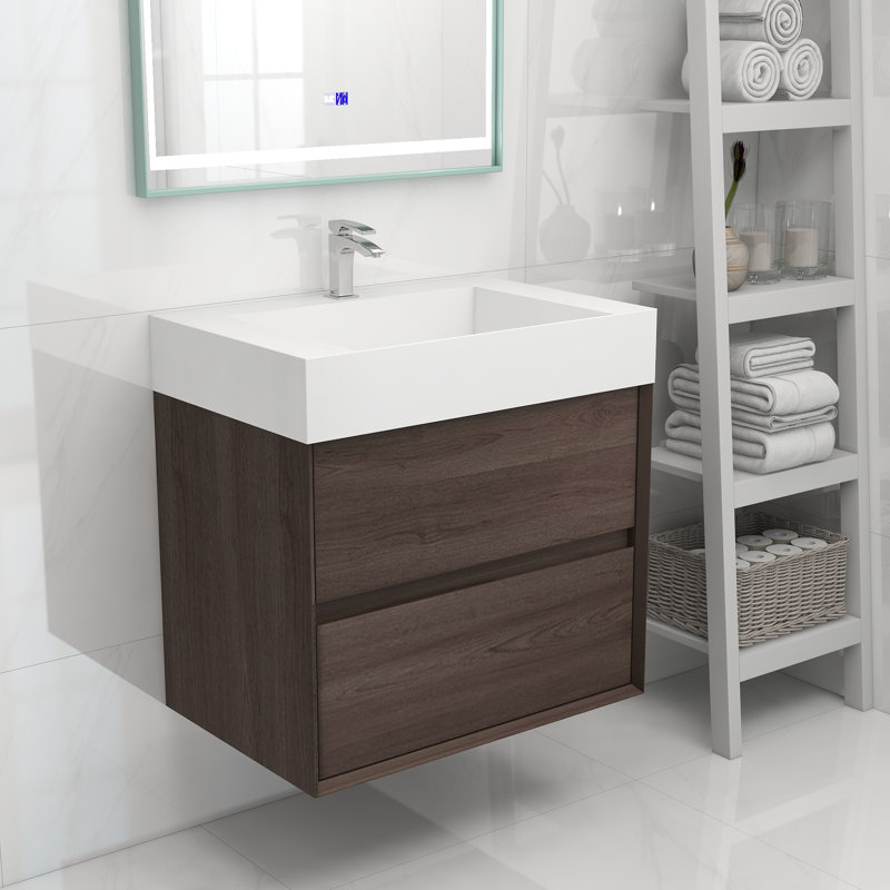 30" Wall Mounted Single Bathroom Vanity, Red Oak