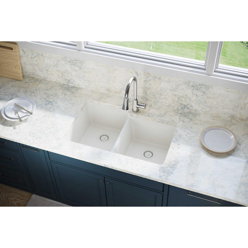 Quartz Luxe 33" L x 21" W Double Basin Undermount Kitchen Sink, Ricotta