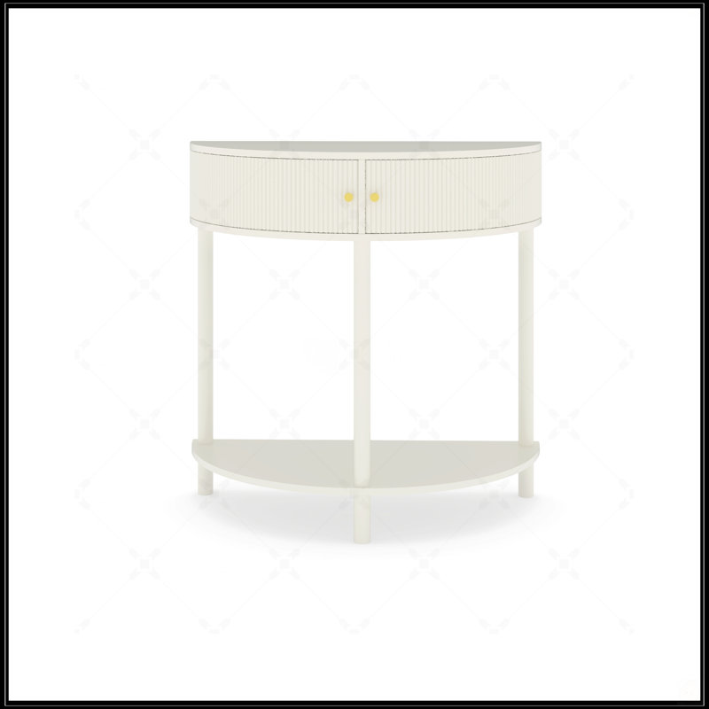 Artisan-Crafted Wave-Pattern Demi-Lune Console Table With Creamy White Finish, Unique Half Moon Design End Table With 2 Storage Drawers And Bottom Shelf For Living Room, Bedroom, Study, Hallway