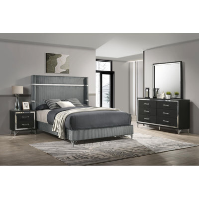 Ensemble de chambre avec grand lit 4 pièces Clanton - gris et noir