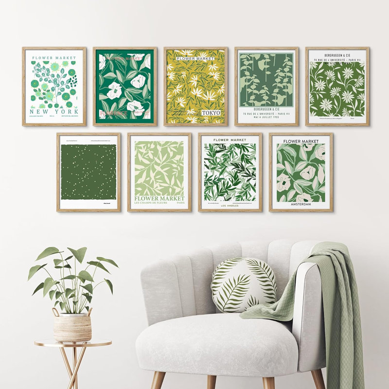 «Green Floral Flower Market», variété, nature sauvage, calme et bohème encadré sur papier, 9 pièces, Naturel
