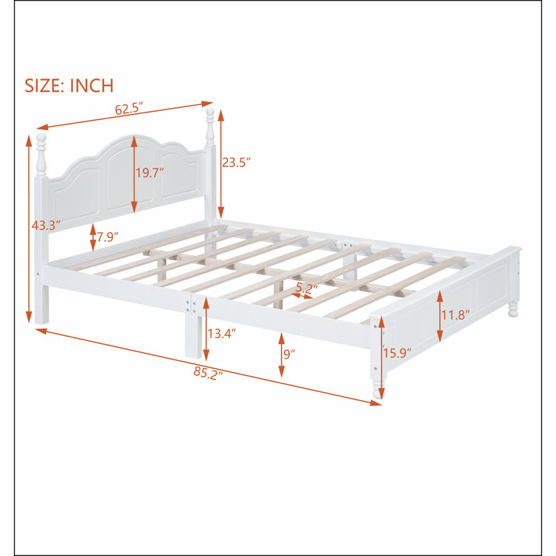 Base de lit plateforme en bois, lit plateforme de style rétro avec support en lattes de bois, Blanc, Grand lit