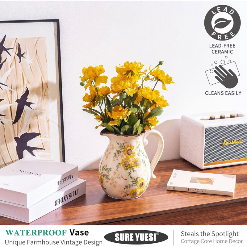 Vase floral rétro en céramique jaune avec poignée