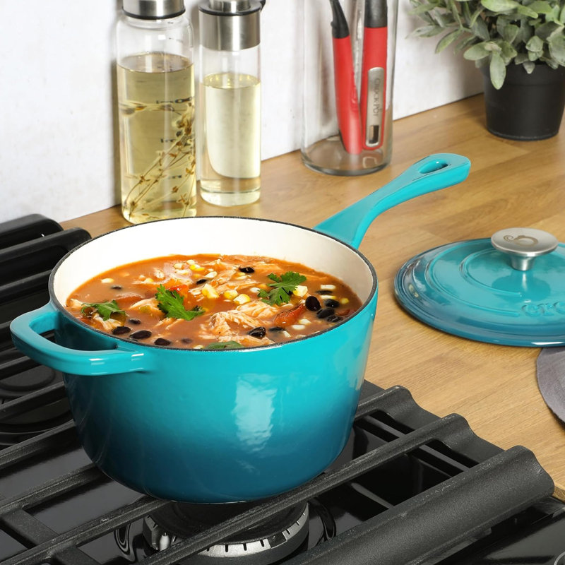 Martha Stewart Everyday Rexford 2.6 Quart Ceramic Nonstick Aluminum Saucepan with Lid in Linen, Teal/Silver