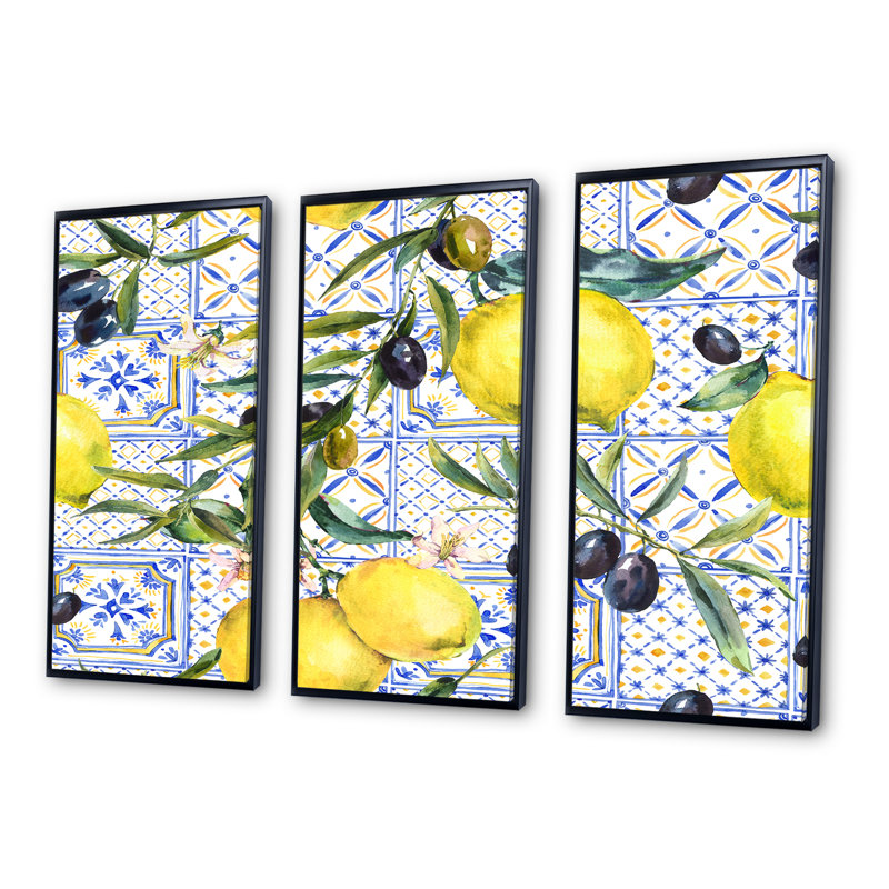 Ornement en forme de citron sur un motif géométrique bleu III - impression sur toile flottante 3 pièces, Cadre noir