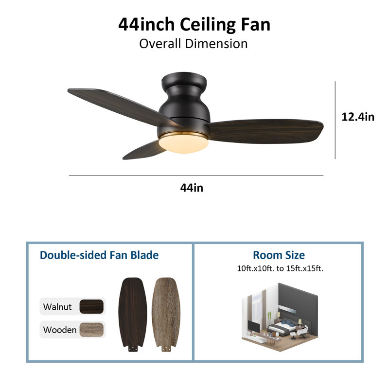 Ventilateur de plafond encastré à DEL à 3 pales de 44 po avec télécommande et ensemble d'éclairage inclus Ogdensburg