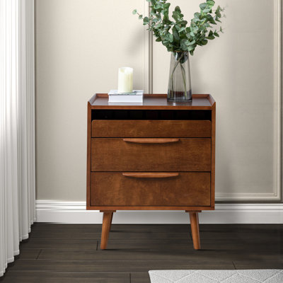 Sebrina Mid-century Modern 24''W 3-Drawer End Table with Charging Station and Solid Wood Legs