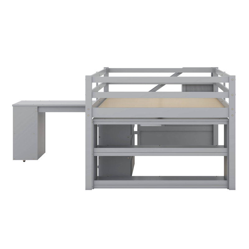 Lit mezzanine double pleine grandeur avec bureau d'écriture rétractable et 3 tiroirs, structure de lit mezzanine en bois avec escalier de rangement et tablettes