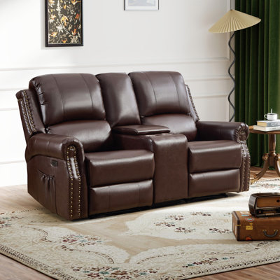 75.2" Faux Leather Power Reclining Loveseat With Nailhead Trim, Center Console, USB & Type-C Ports
