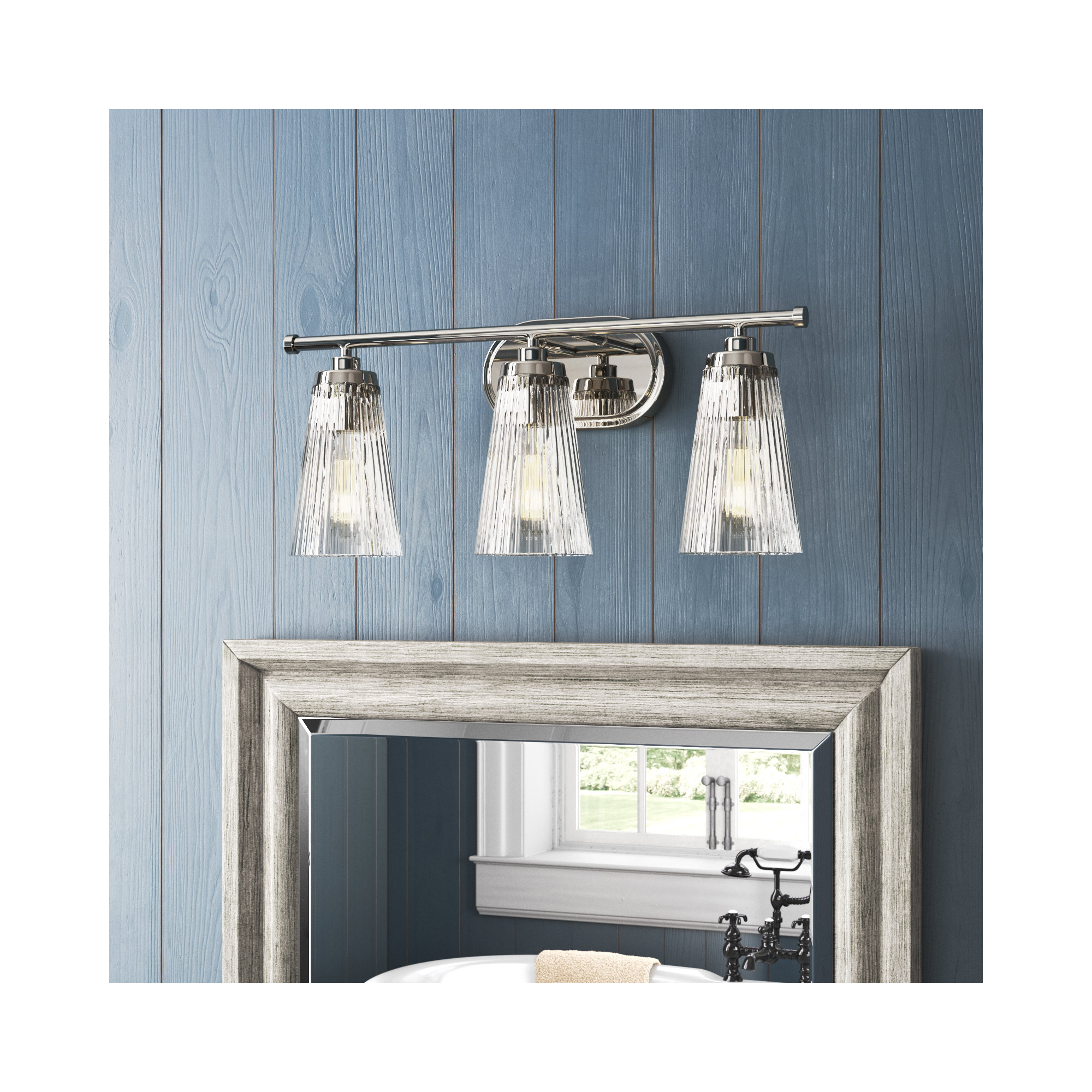 Jeanie Ribbed Dimmable Bath Sconce, Nickel, 3 Lights, 10" H x 22" W x 22" D