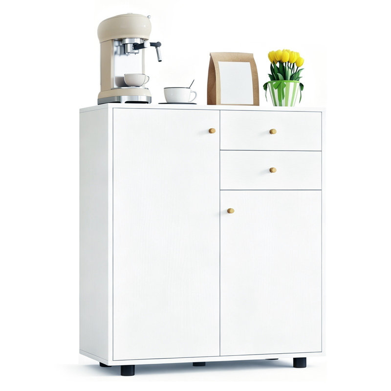 Buffet moderne avec 2 tiroirs, 2 portes et 3 tablettes ajustables, idéal pour un coin café dans la salle à manger ou l'entrée.