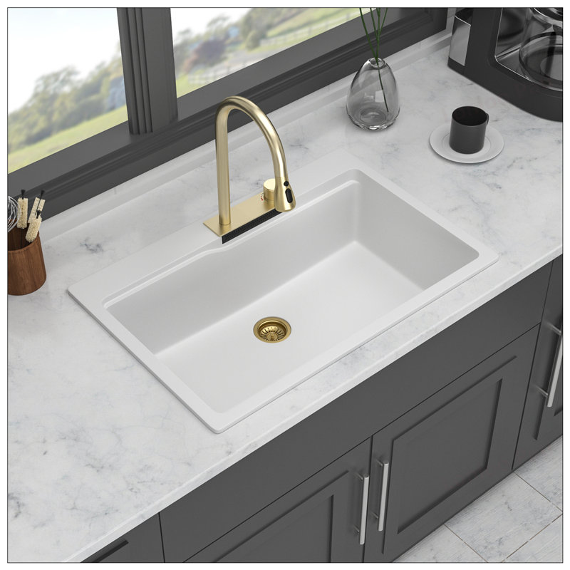 Évier de cuisine à fixation en cascade avec lavabo encastré en granite 33 po x 22 po avec lavabo et station de travail, Doré
