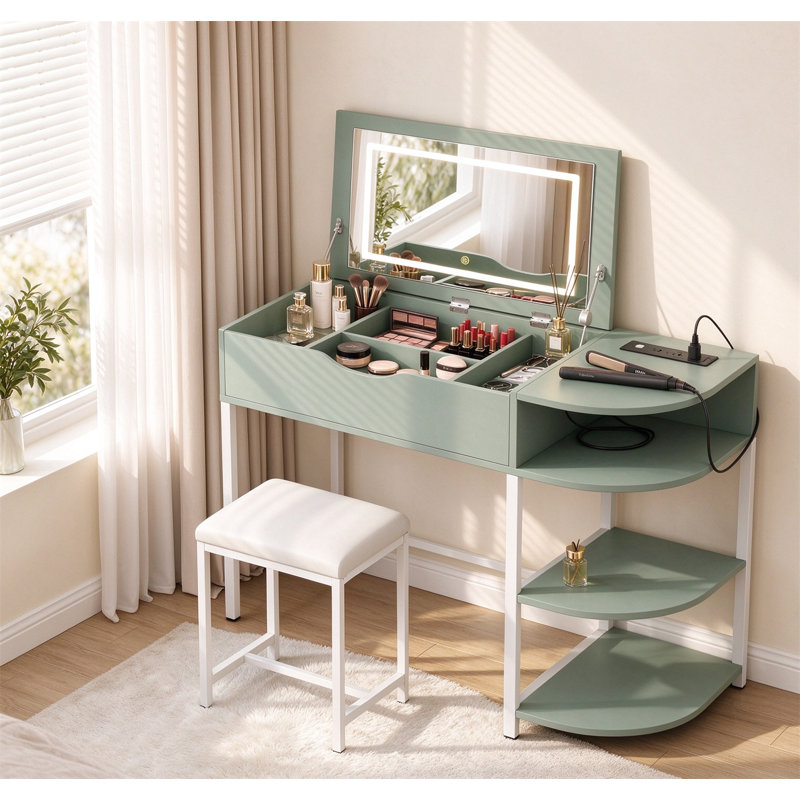 Dressing table ,Vanity Desk with Flip-Top Mirror and Lights – 2-in-1 Makeup Vanity & Writing Desk with Drawer, 4-Tier Storage Shelves, and Built-in Charging Station