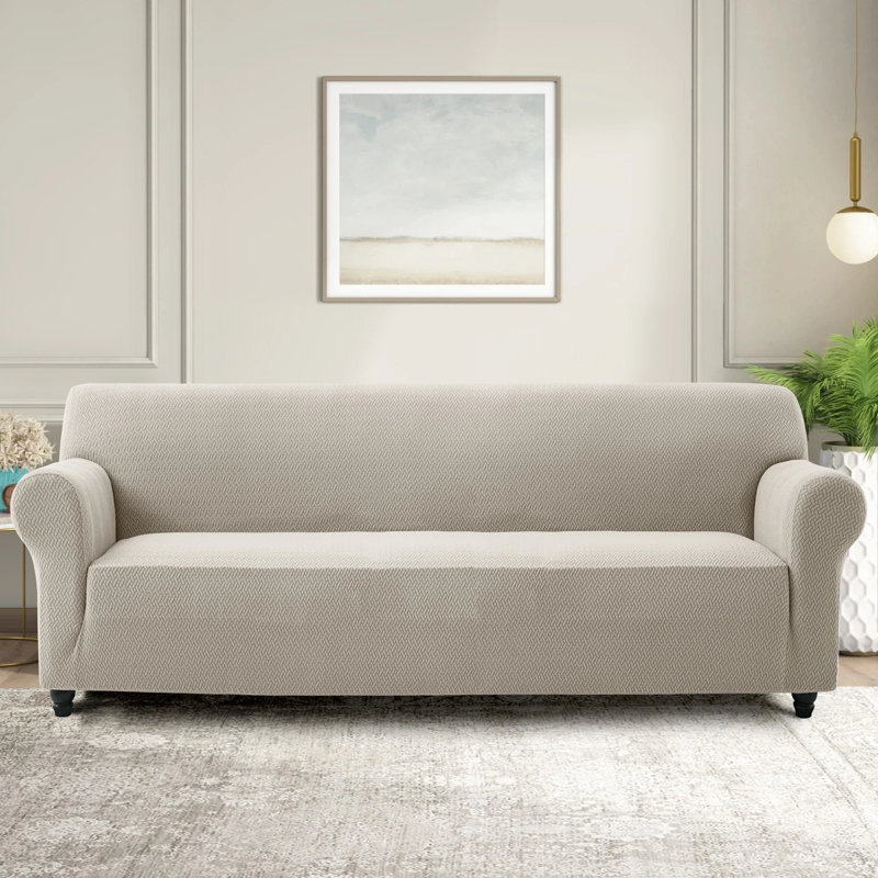 Spandex Stretch Sofa Cover - Jacquard Pattern Sofa Slipcover & Furniture Protector, Beige, 179cm W x 320cm D (4 Seater)