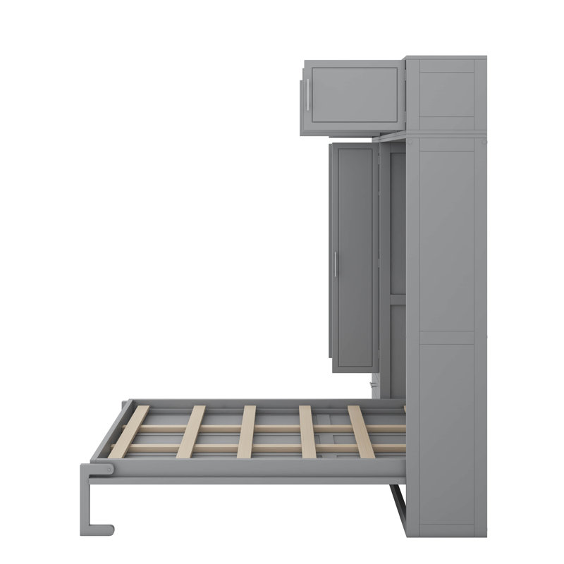 Grand lit escamotable mural avec armoire supérieure, tablettes et garde-robe, Gris
