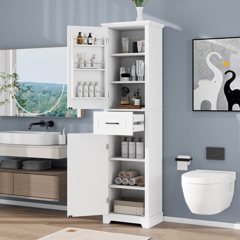Grande armoire de rangement blanche étroite pour salle de bain, armoire de rangement autoportante avec deux portes et tablettes réglables