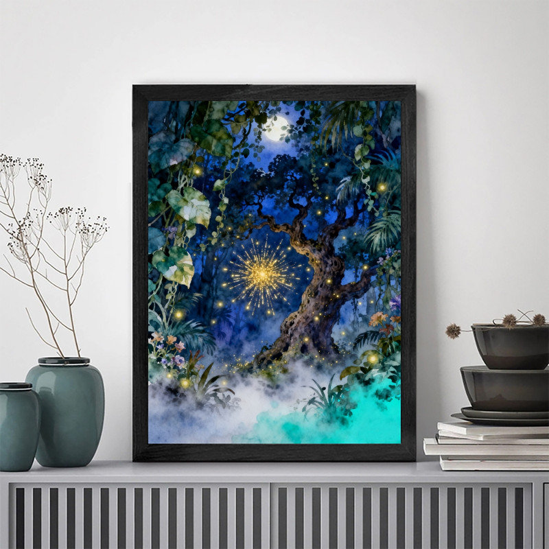 Art mural encadré noir forêt de lucioles fantaisiste, aquarelle bohème cadre magique, H 11 po x l 9 po