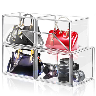 Plastic Handbag Storage Organizer For Closet, Acrylic Display Box For Handbag, Stackable Storage Boxes Bag Organizer With Magnetic Door For Purse Clutch Wallet Book,(Clear/4 Pack)