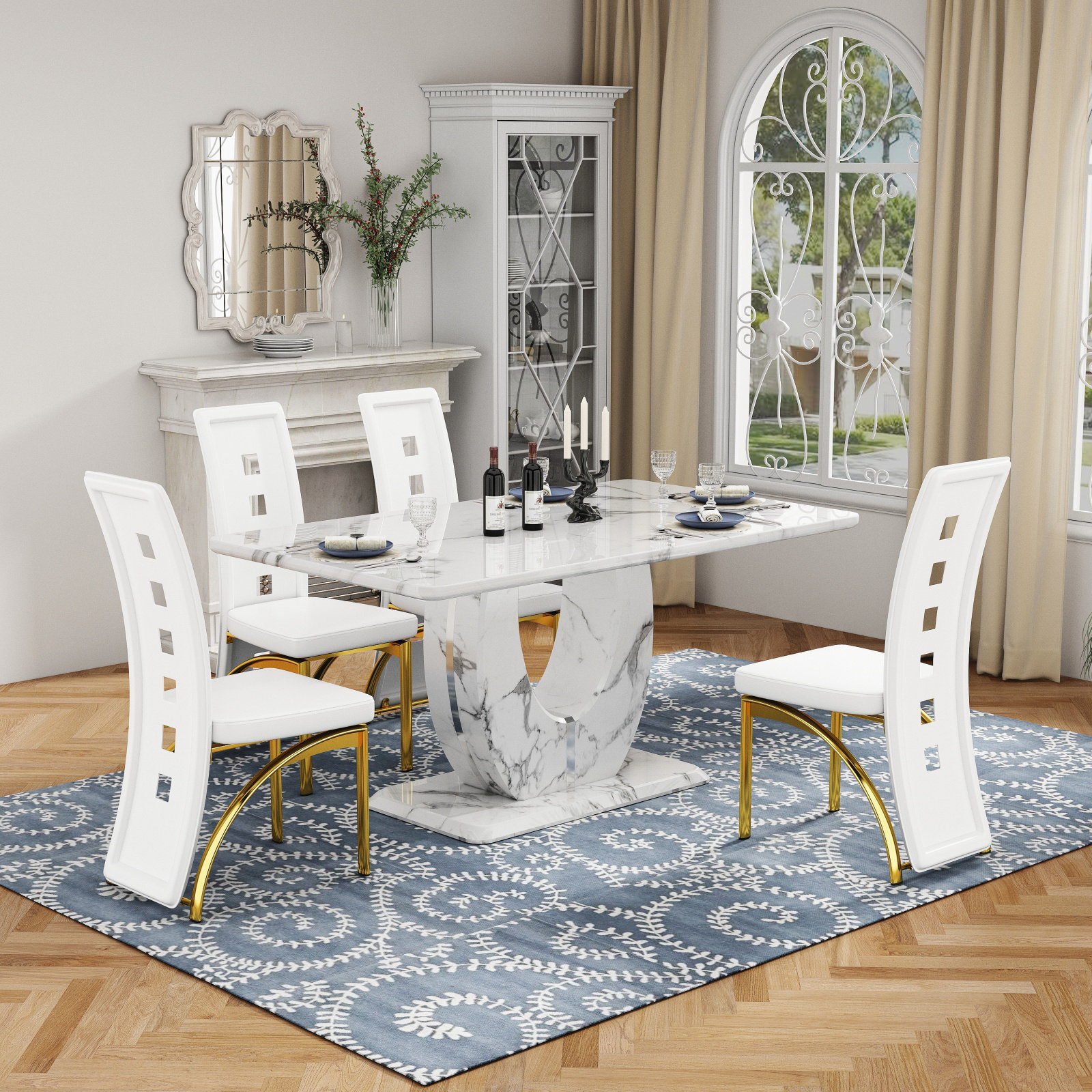 Ivy Bronx 63'' White Faux Marble Dining Table Set With Chrome U-Base ...