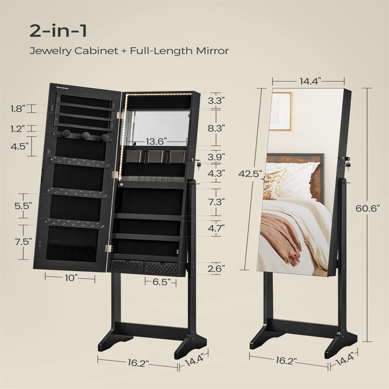 Armoire à bijoux blanche avec miroir lumineux intégré, rangement spacieux et assemblage sans effort, Noir