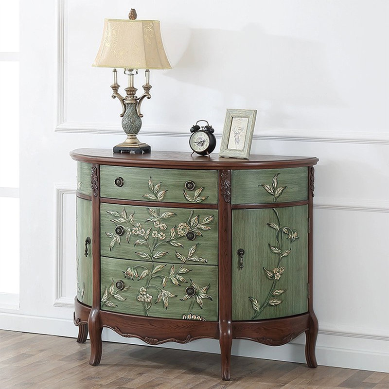 Console verte et noyer massif + demi-cercle en bois manufacturé, 35.04" H x 39.37" W x 14.96" D