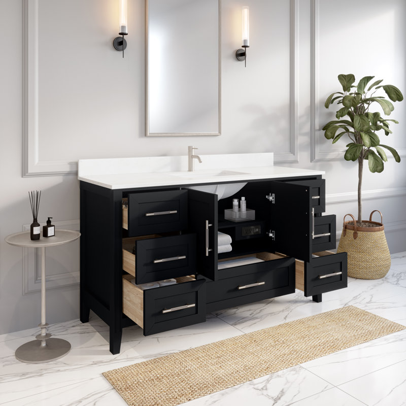Houston Espresso 60" W x 22" D Single Sink Bathroom Vanity with Power Bar & Drawer Organizer, Diamond Quartz Top, Undermount Ceramic Sink, Solid Birch Hardwood, Pre-Assembled