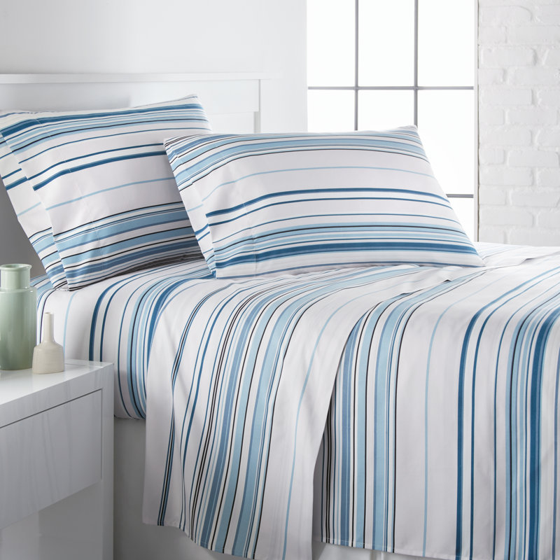 Ensemble de draps en microfibre Coastal Stripes Collection, Bleu, Très grand californien