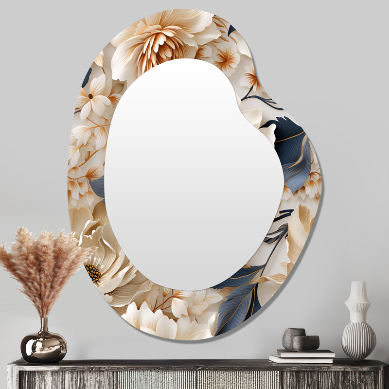Ethereal Serenity Boho - miroir mural décoratif de forme unique floral, grand miroir asymétrique blanc, impression d'art en métal