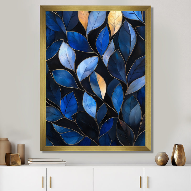 Feuillage bleu doré - Tableau botanique encadré sur toile, H 20 po x l 12 po, Encadrement doré