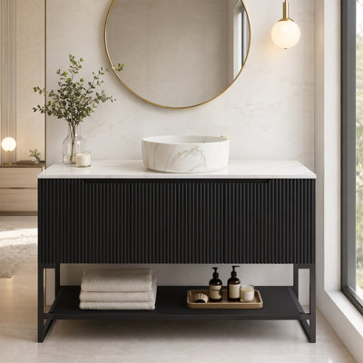 Meuble-lavabo autoportant moderne de 48 po avec lavabo vasque, plateau en pierre frittée, portes cannelées, fermeture en douceur (robinet non inclus)