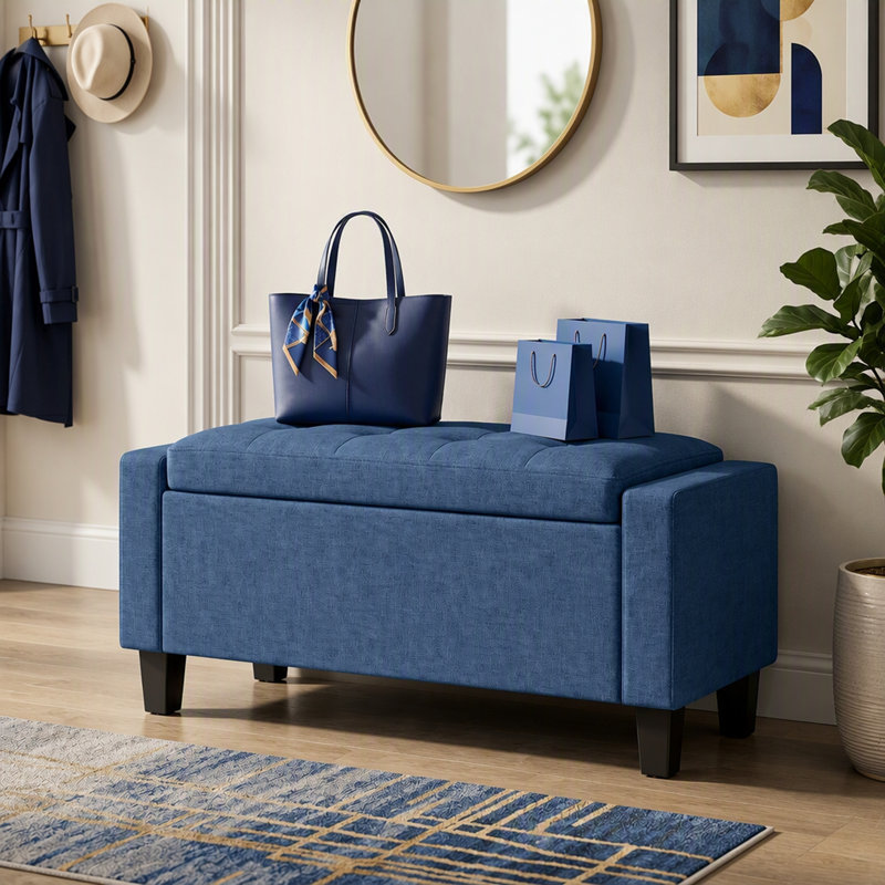 Banc ottoman de rangement en tissu capitonné avec accoudoirs, Bleu