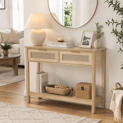 Console en rotin avec 2 tiroirs de rangement, table d'entrée en rotin