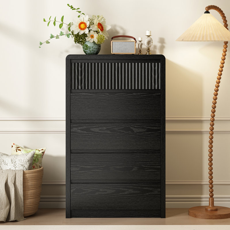 Commode moderne à 5 tiroirs cannelés pour chambre à coucher, commodes hautes de 48,4 po et commodes, Noir