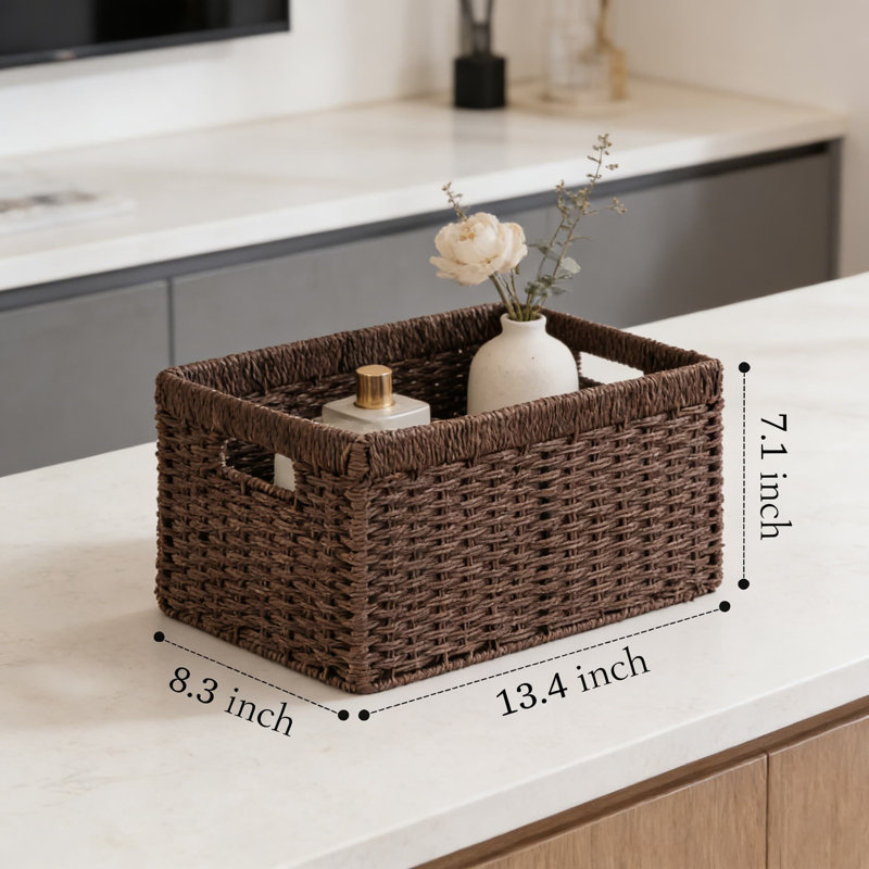 Woven Paper Rope Storage Basket With Handle, Foldable Rectangular Organizer Bin For Shelves, Closet, And Home Decor, Black