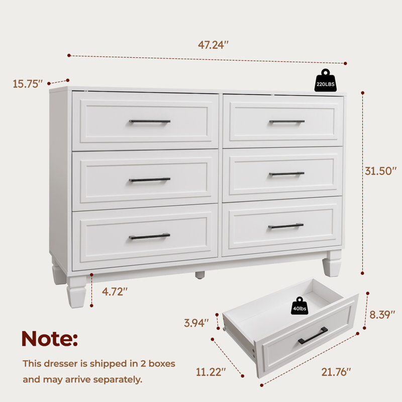 Farmhouse 6 Drawers Dresser for Bedroom, Baby Dresser for Nursery, Kids, White Dressers with Unique Solid Wood Legs, Modern Wide Chest Dressers for Clothes, Closet, Living Room