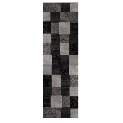10' Gray and Black Geometric Power Loom Distressed Runner Rug