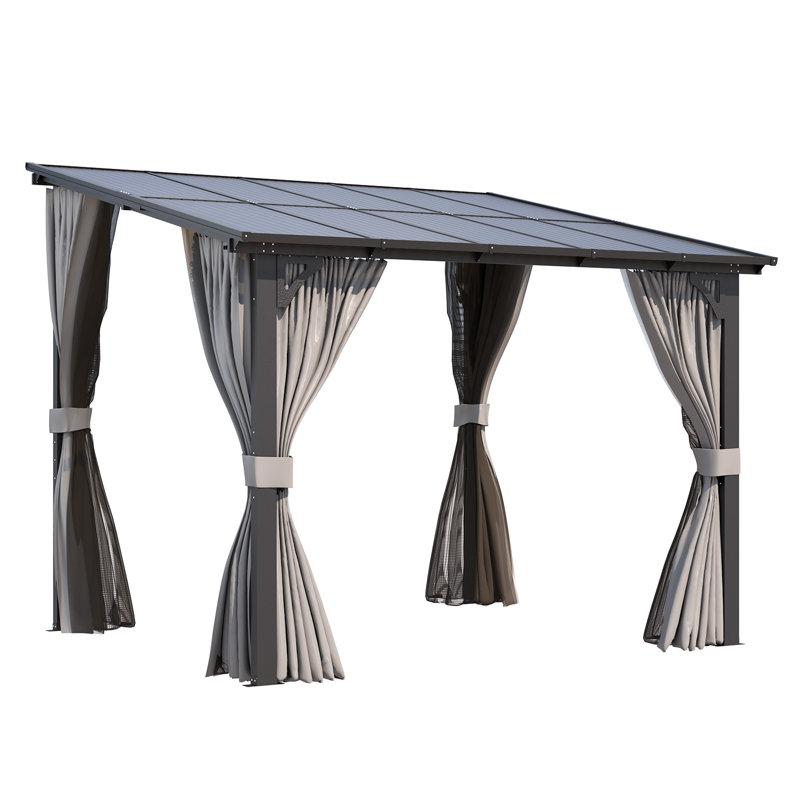 Wall-Mounted Lean To Pergola Gazebo With Curtains And Netting, 96" H x 121" W x 96" D